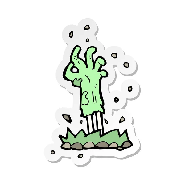 Sticker of a cartoon zombie hand rising from ground — Stock Vector