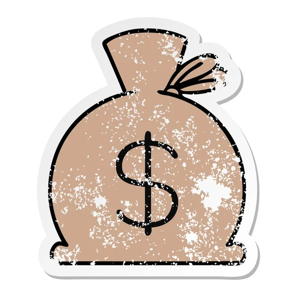 Calcomanía angustiada de una linda bolsa de dibujos animados de dinero — Vector de stock