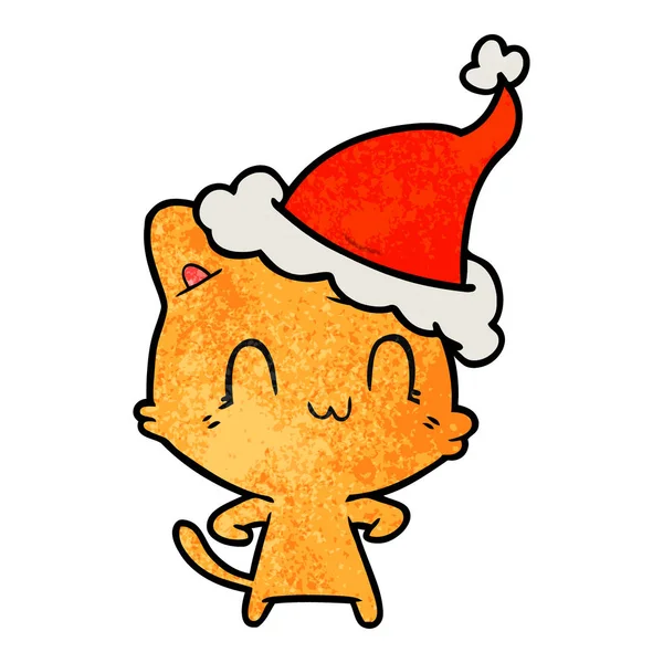 Hand Getekend Getextureerde Cartoon Van Een Gelukkige Kat Dragen Kerstmuts — Stockvector