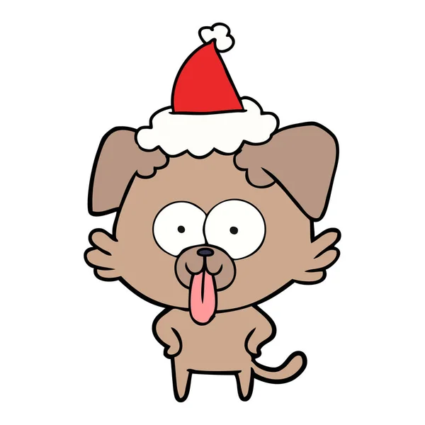 Hand Drawn Line Drawing Dog Tongue Sticking Out Wearing Santa — Stock Vector