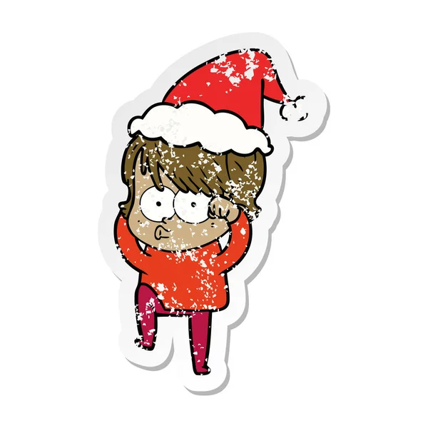 산타 모자를 착용 해 여자의 고민된 스티커 만화 — 스톡 벡터