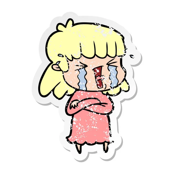 Distressed sticker of a cartoon woman in tears — Stock Vector