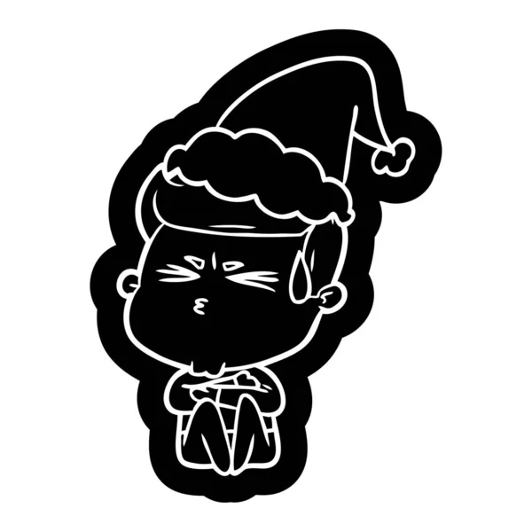 Peculiar Icono Dibujos Animados Hombre Sudando Con Sombrero Santa — Vector de stock