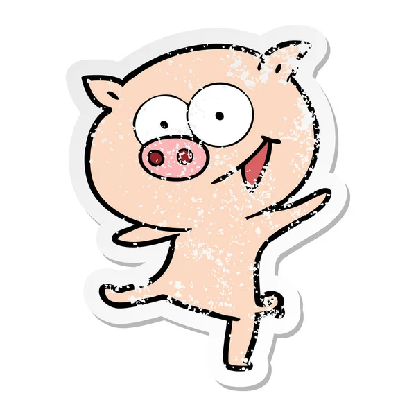 Etiqueta angustiada de um animado porco dançante alegre — Vetor de Stock