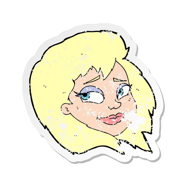 Autocollant détresse rétro d'un visage féminin heureux dessin animé — Image vectorielle
