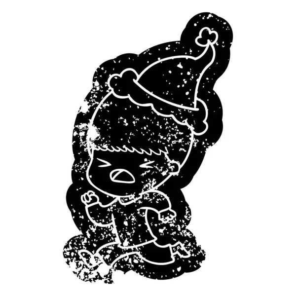 Schrullige Karikatur Verstörte Ikone Eines Gestressten Mannes Mit Weihnachtsmütze — Stockvektor