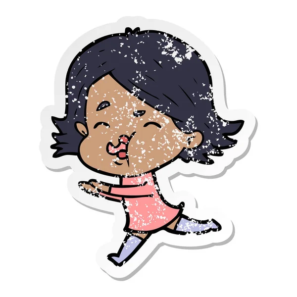 Distressed Sticker Cartoon Girl Pulling Face — Stock Vector