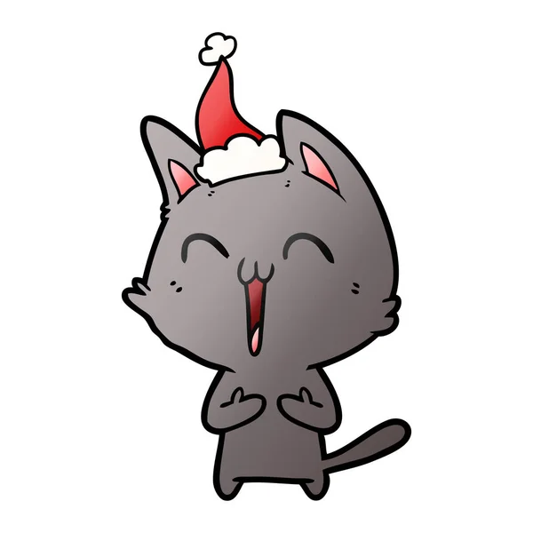 Glückliche Handgezeichnete Gradienten Karikatur Einer Katze Mit Weihnachtsmütze — Stockvektor
