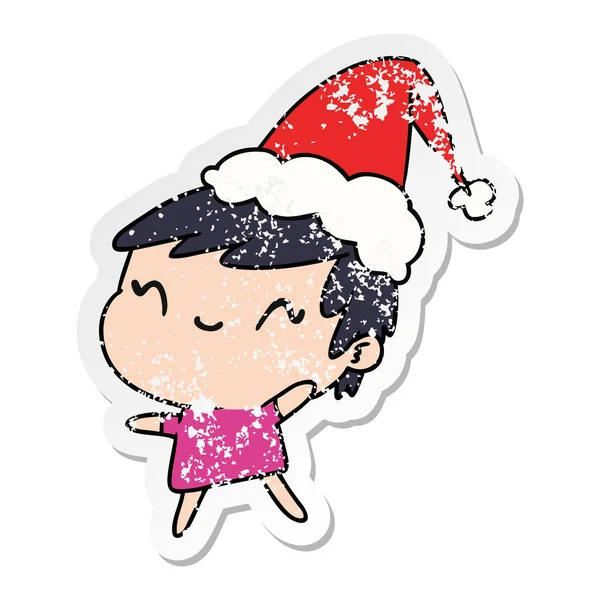 Christmas distressed sticker cartoon von kawaii girl — Stockvektor