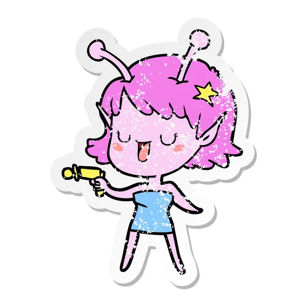 Distressed Sticker Happy Alien Girl Cartoon — Stock Vector