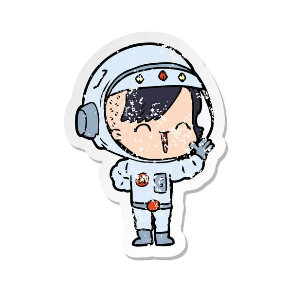 Distressed Sticker Cartoon Happy Astronaut Girl Waving — Stock Vector