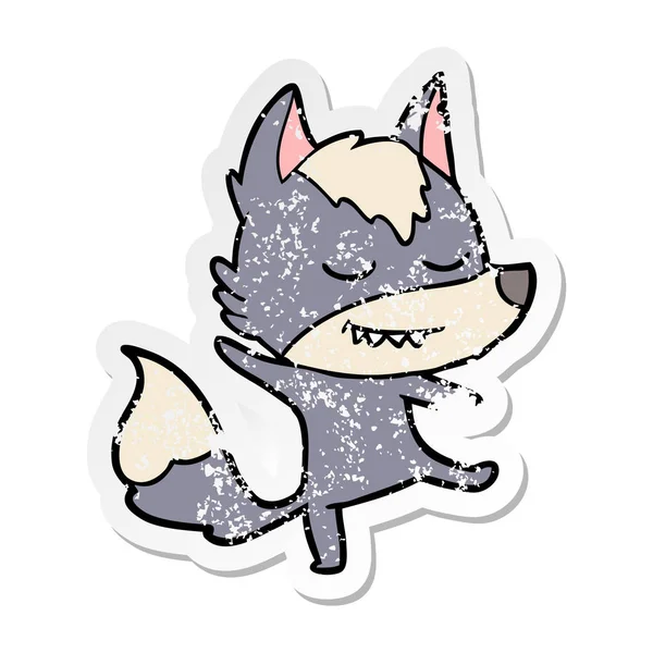 Verontruste sticker van een vriendelijke cartoon wolf balancing — Stockvector