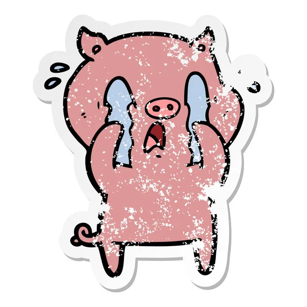 Distressed Sticker Crying Pig Cartoon — Stock Vector