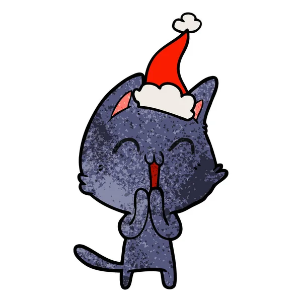 Glad texturerat tecknad av en katt som santa hatt — Stock vektor
