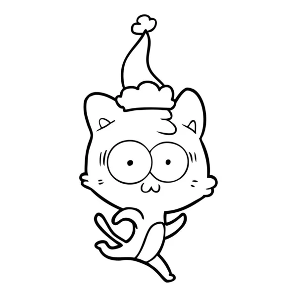 Γραμμικό σχέδιο μια έκπληξη γάτα τρέχει φορώντας καπέλο Σάντα — Διανυσματικό Αρχείο