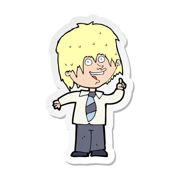 Sticker van een cartoon school jongen met idee — Stockvector