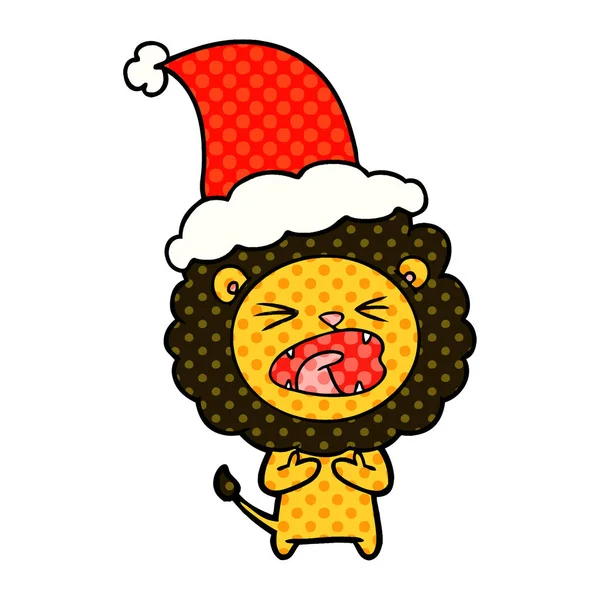 Comic book style illustration of a lion wearing santa hat — стоковый вектор