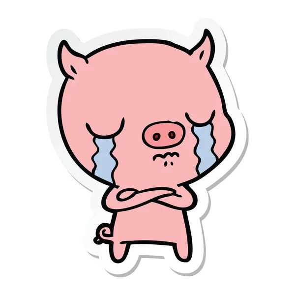 Sticker of a cartoon pig crying — Stock Vector