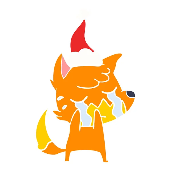 Crying Fox Hand Drawn Flat Color Illustration Wearing Santa Hat — Stock Vector