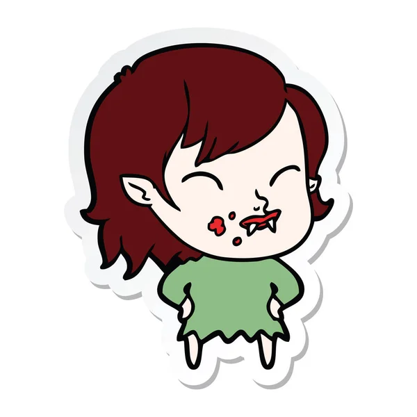 一个卡通吸血鬼女孩的贴纸与血在脸颊上 — 图库矢量图片