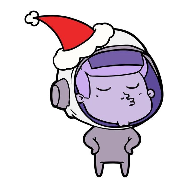 Desenho Linha Desenhada Mão Astronauta Confiante Usando Chapéu Pai Natal — Vetor de Stock