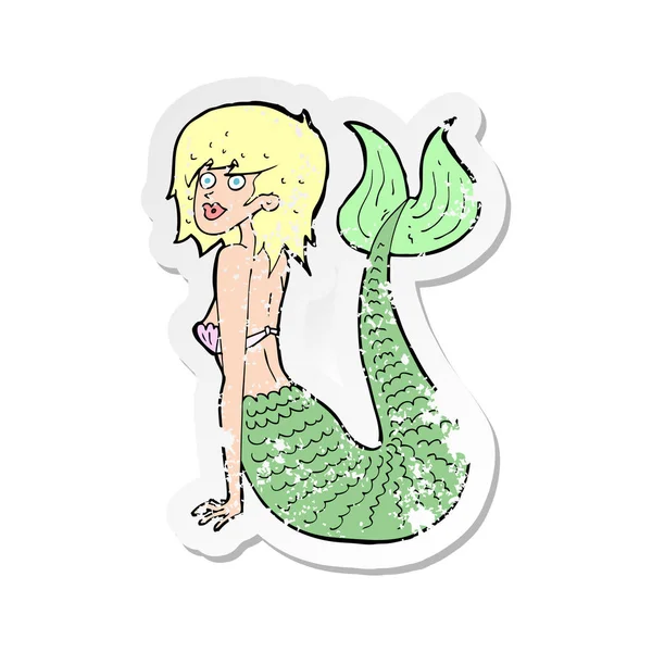 Retro Distressed Sticker Cartoon Mermaid — Stock Vector