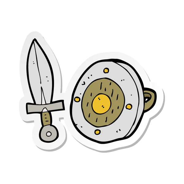 Etiqueta de uma espada de desenho animado e escudo — Vetor de Stock