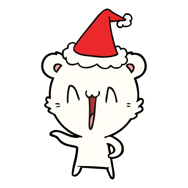 Laughing Polar Bear Hand Drawn Line Drawing Wearing Santa Hat — Stock Vector