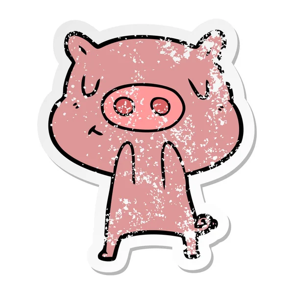 Distressed sticker of a cartoon content pig — Stock Vector