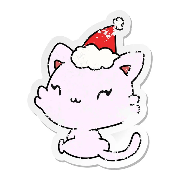 Dibujado Mano Navidad Angustiado Pegatina Dibujos Animados Kawaii Gato — Vector de stock