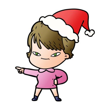 Noel Baba şapkası giyen mutlu bir kadın, degrade çizgi film el çekilmiş