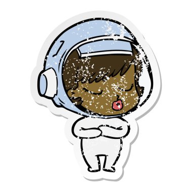 bir çizgi film güzel astronot kızın sıkıntılı etiket