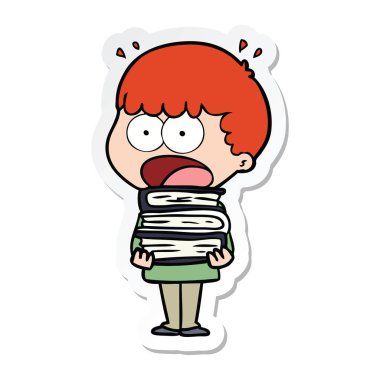 kitap yığını ile bir çizgi film şok çocuğun etiket