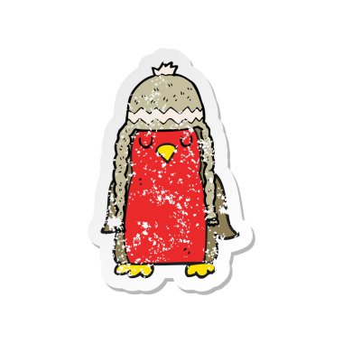 Retro etiket kış şapka giymiş bir çizgi film Robin sıkıntılı