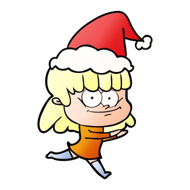 Noel Baba şapkası giyen bir gülümseyen kadın, degrade çizgi film el çekilmiş