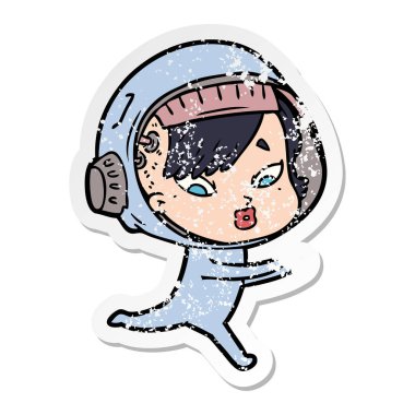 bir çizgi film astronot kadının sıkıntılı etiket