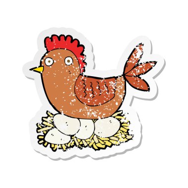 Retro sıkıntılı etiket karikatür tavuk yumurta üzerinde