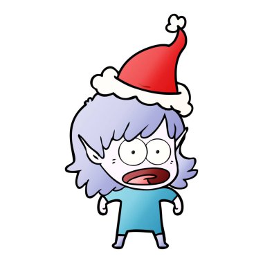 Noel Baba şapkası giyen bir şok elf kızın degrade çizgi film el çekilmiş