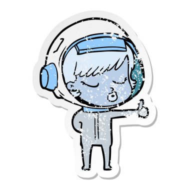 Yaşasın vererek bir çizgi film güzel astronot kızın sıkıntılı etiket