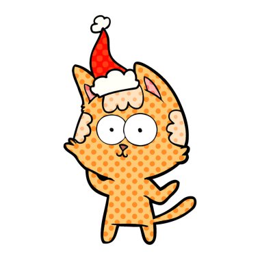çizgi roman tarzı Noel Baba şapkası giyen bir kedi resmi mutlu el çekilmiş