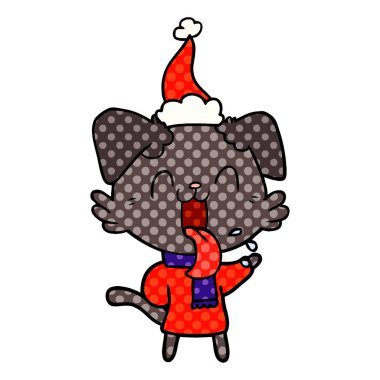 çizgi roman tarzı illüstrasyon Noel Baba şapkası giyen bir nefes nefese köpek el çekilmiş