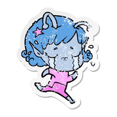 bir çizgi film ağlayan uzaylı kızın sıkıntılı etiket