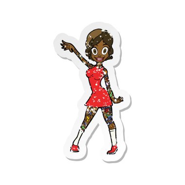 dövmeli bir karikatür kadının Retro sıkıntılı etiket