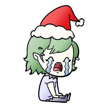 Noel Baba şapkası giyen ağlayan bir vampir kız degrade çizgi film el çekilmiş