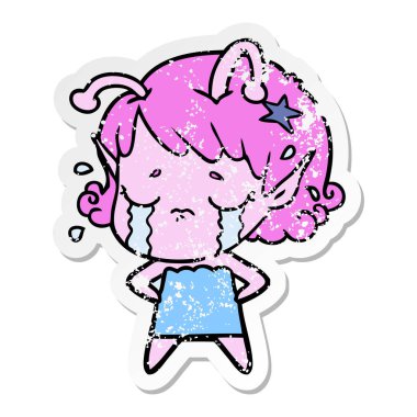 bir çizgi film ağlayan uzaylı kızın sıkıntılı etiket