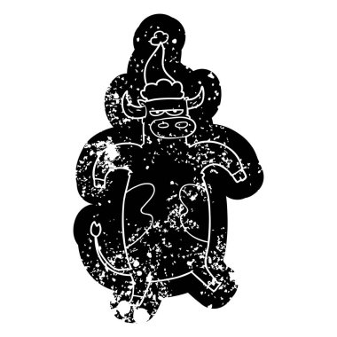 Noel Baba şapkası giyen boğa ilginç karikatür sıkıntılı simgesi