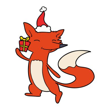 Noel Baba şapkası giyen mutlu tilki çizgi çizme