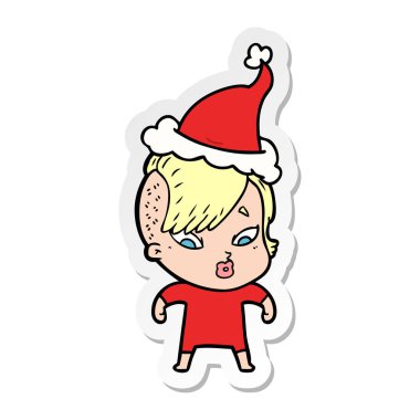 etiket karikatür Noel Baba şapkası giyen bir sürpriz kızın el çekilmiş