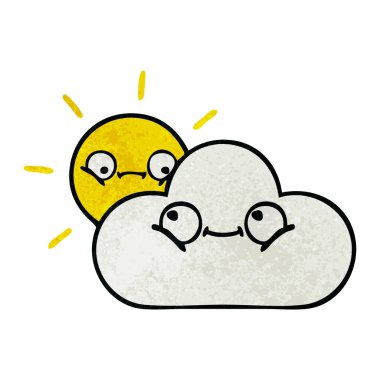 Retro grunge doku karikatür bir güneşli ve bulut