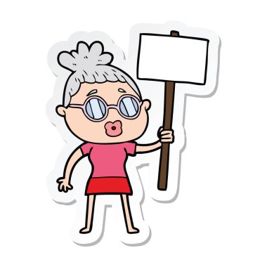 gözlük takan bir karikatür protestocu kadının etiket